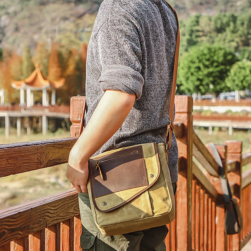 1pcs Crossbody Bag Canvas Army Green Multi-Compartment Durable Large Capacity Men's Daily Commuter Bag