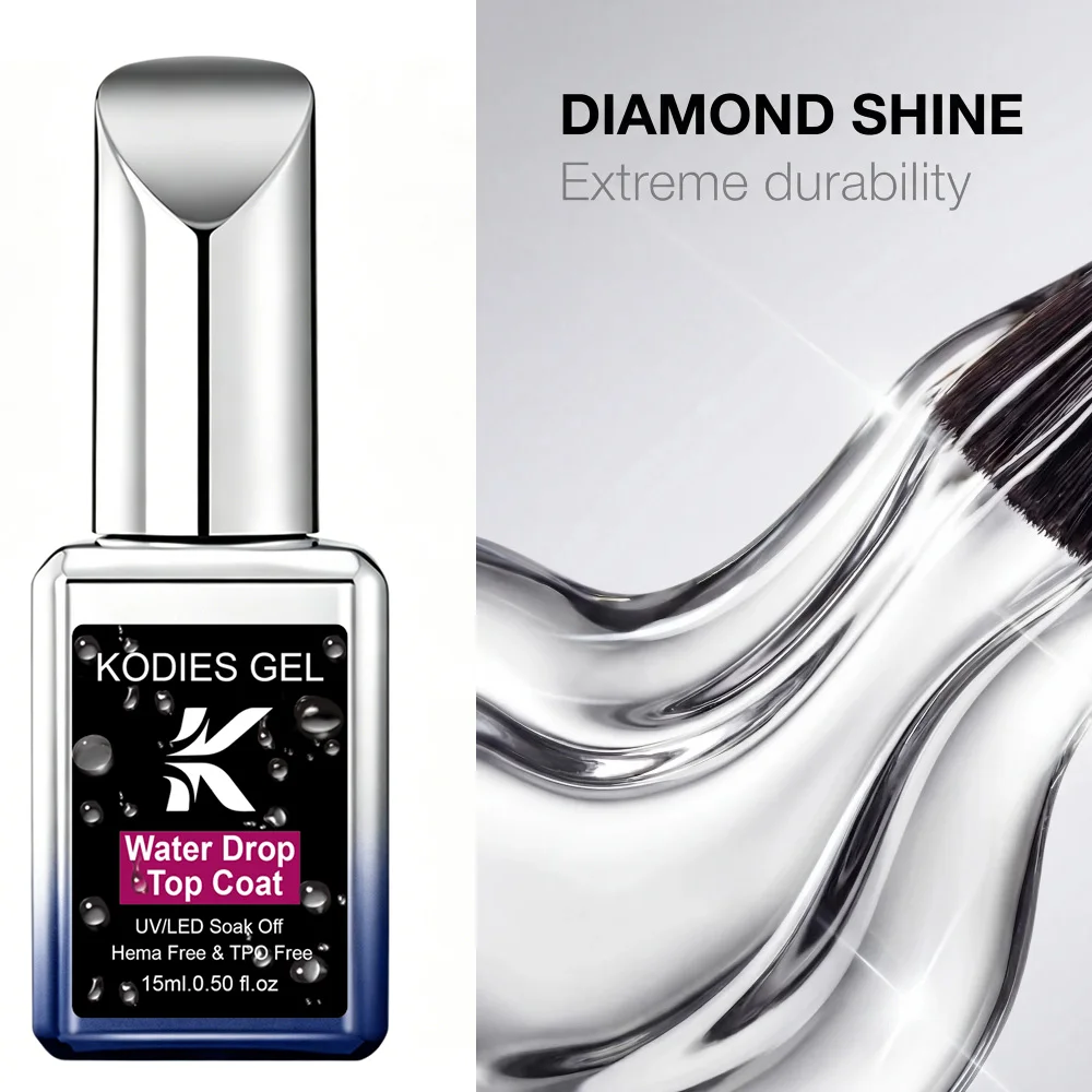 KODIES GEL HEMA/TPO Free Water Drop Top Coat No Wipe Self Leveling Gel Topcoat 3D Effect Crystal Manicure Finish Semi Permanent