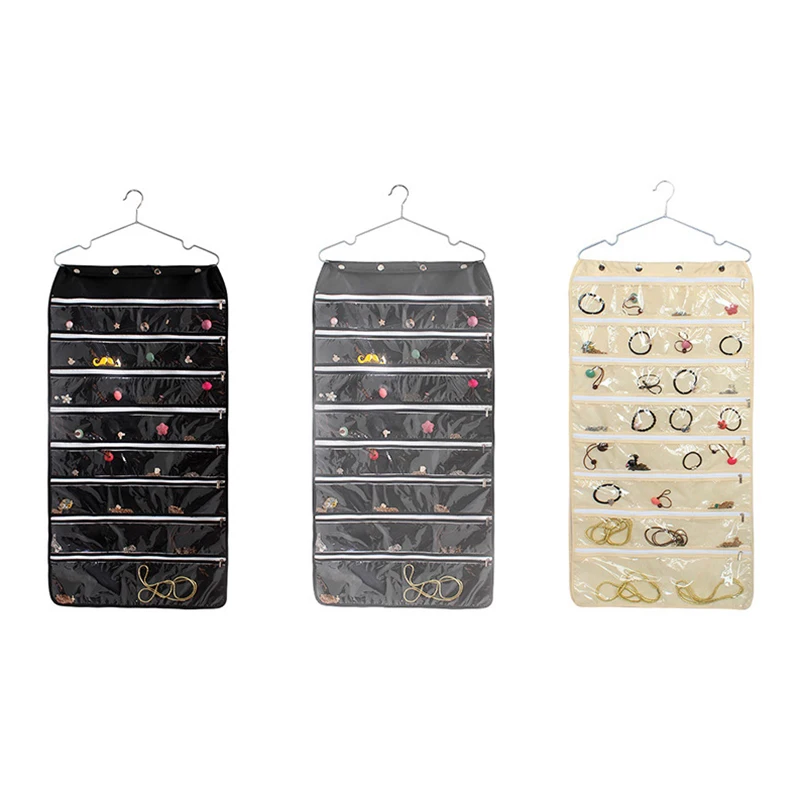 Hanging Double-Sided Zipper Jewelry Storage Bag Small Jewelry Storage Pouch Earring Necklace Hairpin Holder 56 Girds Hanging Bag