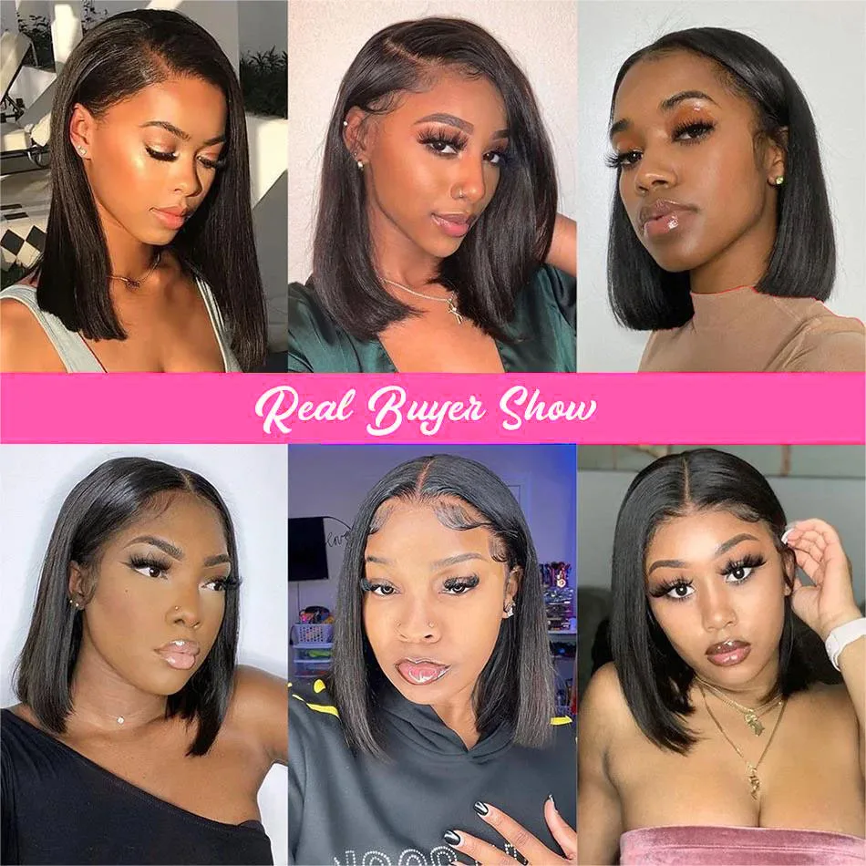 200% densidade em linha reta bob peruca de cabelo humano 13x4 perucas do laço transparente peruca curta do cabelo humano pré arrancado 200% densidade para mulher