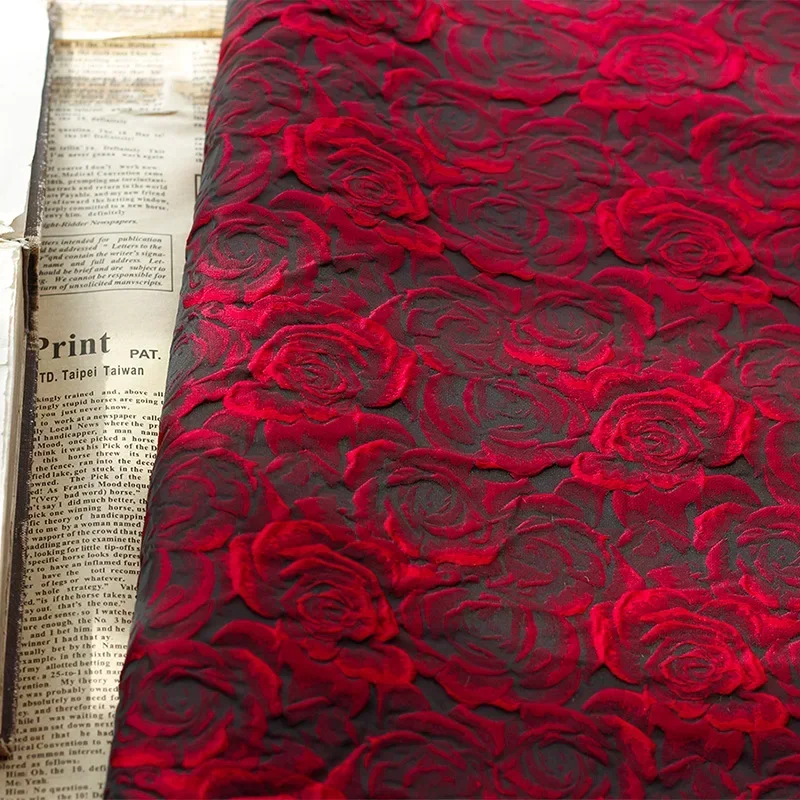 45cmx160cm Embossed Dark Red 3D Rose Jacquard Yarn Dyed Fabric for Women's Coat Dress Skirt Bag Decorative DIY Sewing Fabric