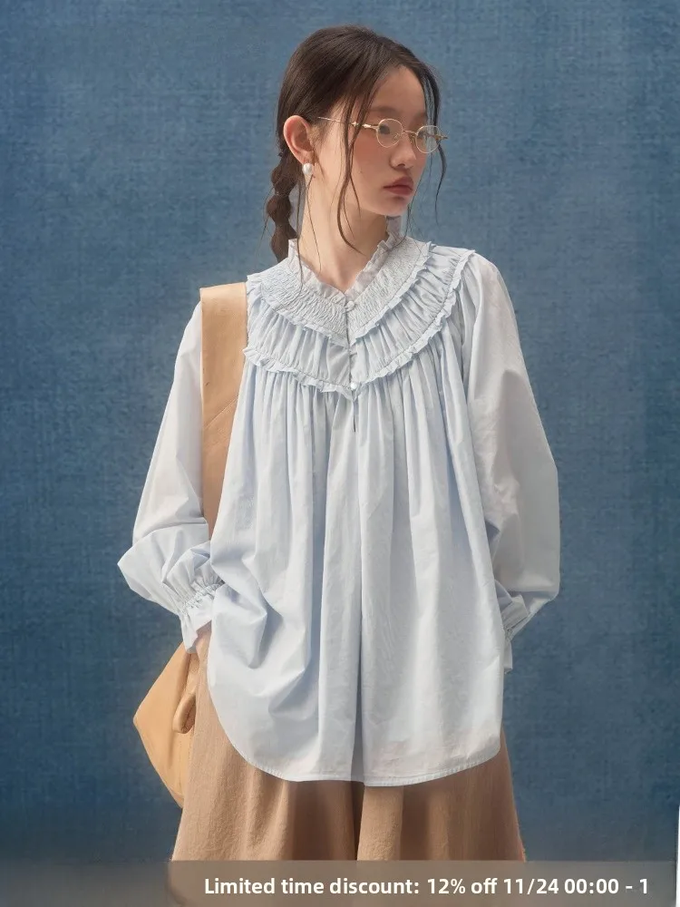 

Babymoon Loose Cotton Blue irt Women's Original Design Gathered Long Sve Spring New Sle Unique Comfortable Top