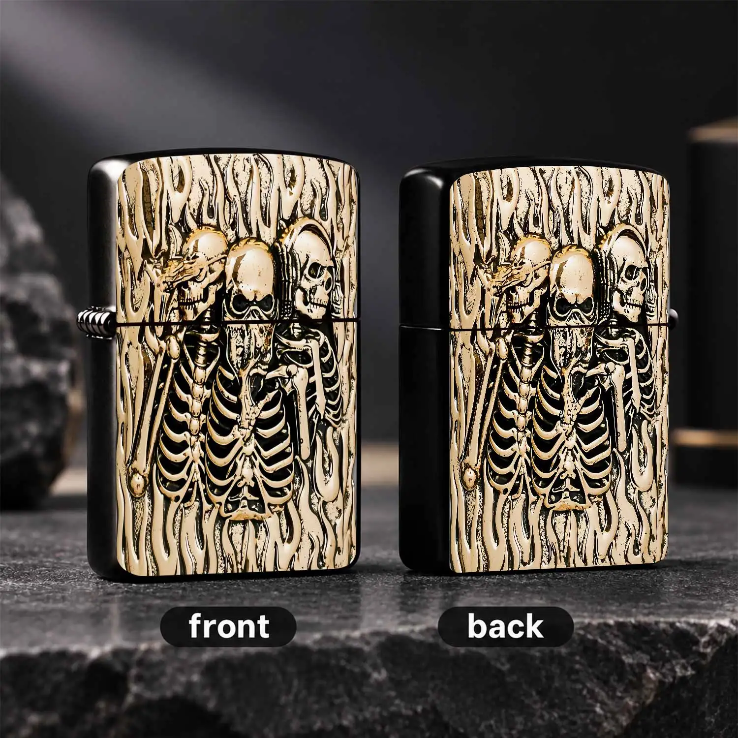 Vintage Embossed Three Skeleton Flame Themed Lighter, Unique Stylish Portable Igniter For Daily Outdoor Home Use, Exquisite Craftsmanship Distinctive Decorative Accessory, Ideal Practical Gift For Various Scenarios A Humorous And Interestin