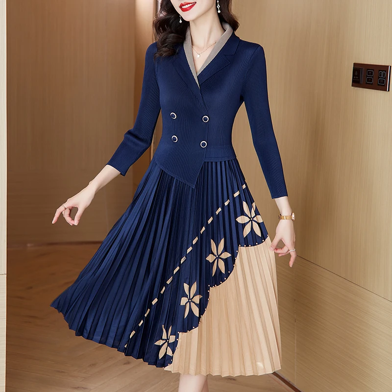 2024 New Pleated Long sleeved Dress with British Style Printed Elastic Suit Collar Slim Mid length Knee Length Dress