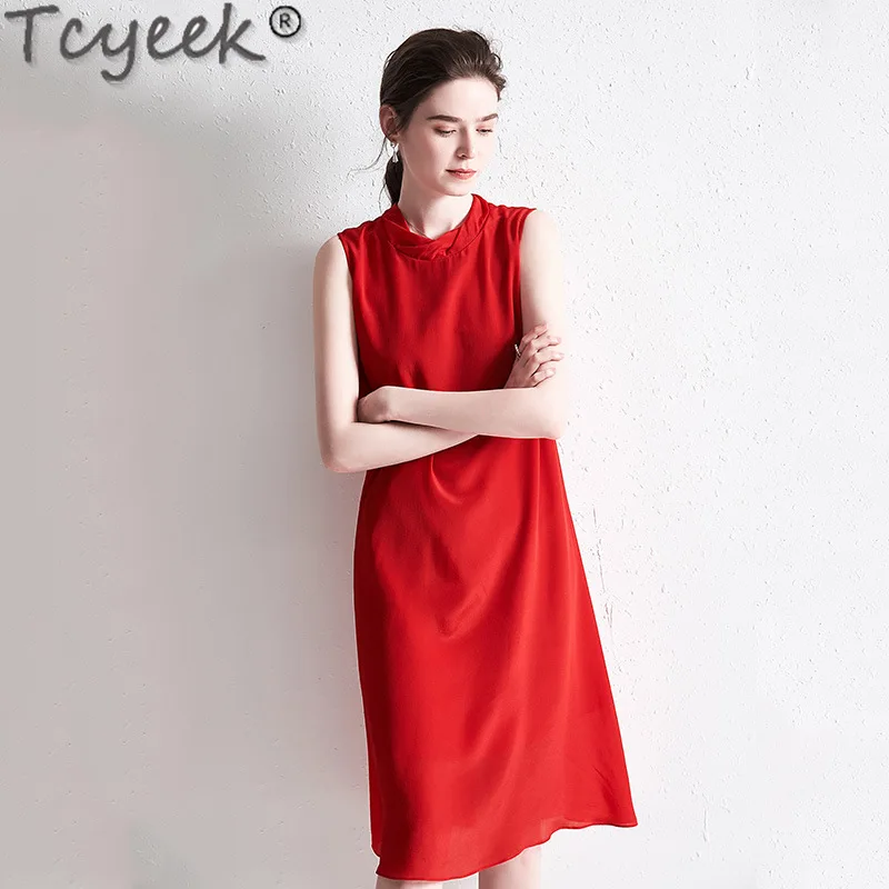 Tcyeek 100% abito longuette in vera seta di gelso 2024 abito donna Chic ed elegante abiti rossi senza maniche per abiti estivi da donna