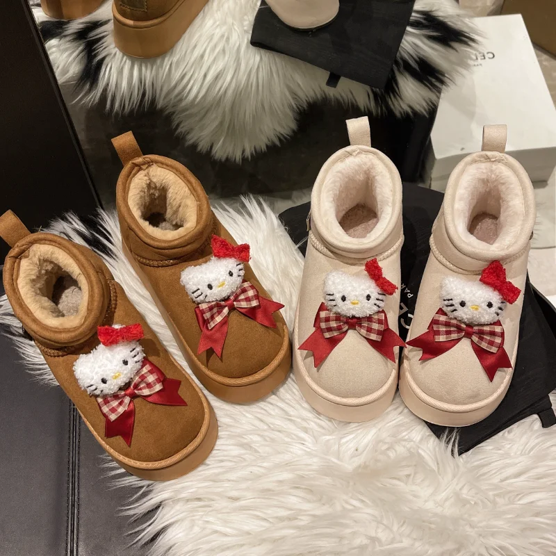 Sanrio winter hello kitty cute warm home women's shoes cartoon bow non-slip thick-soled outdoor wear thickened plush cottonboots