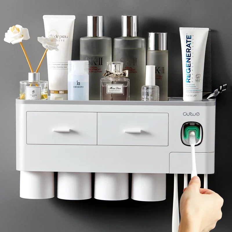 Magnetic Adsorption Toothbrush Holder Automatic Toothpaste Dispenser with Cup Wall Mount Storage Rack Bathroom Accessories Set