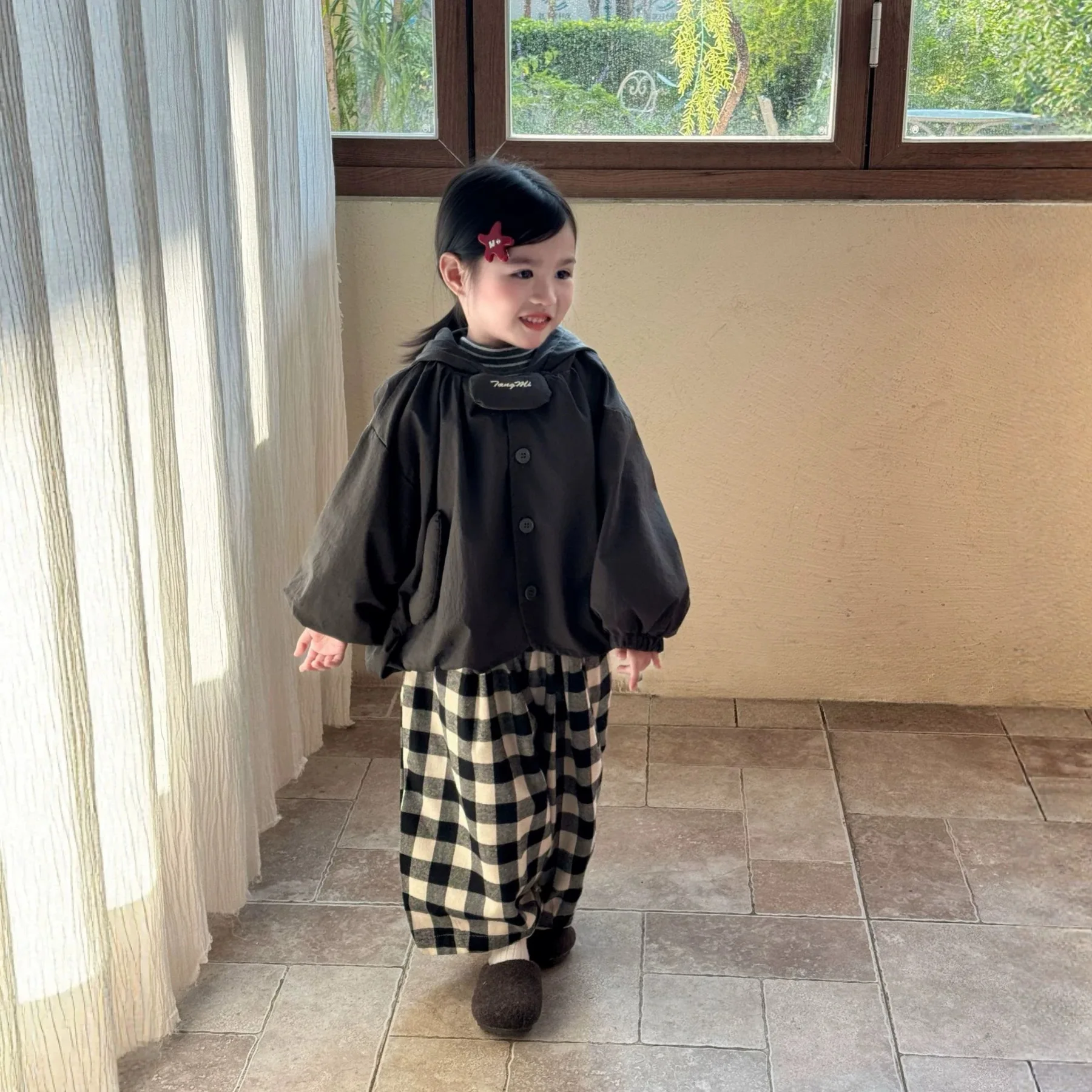Kids Fall Jacket Korean Girls Smoke Grey Black Unique Placket Hooded Single Breasted Jacket 2026 New