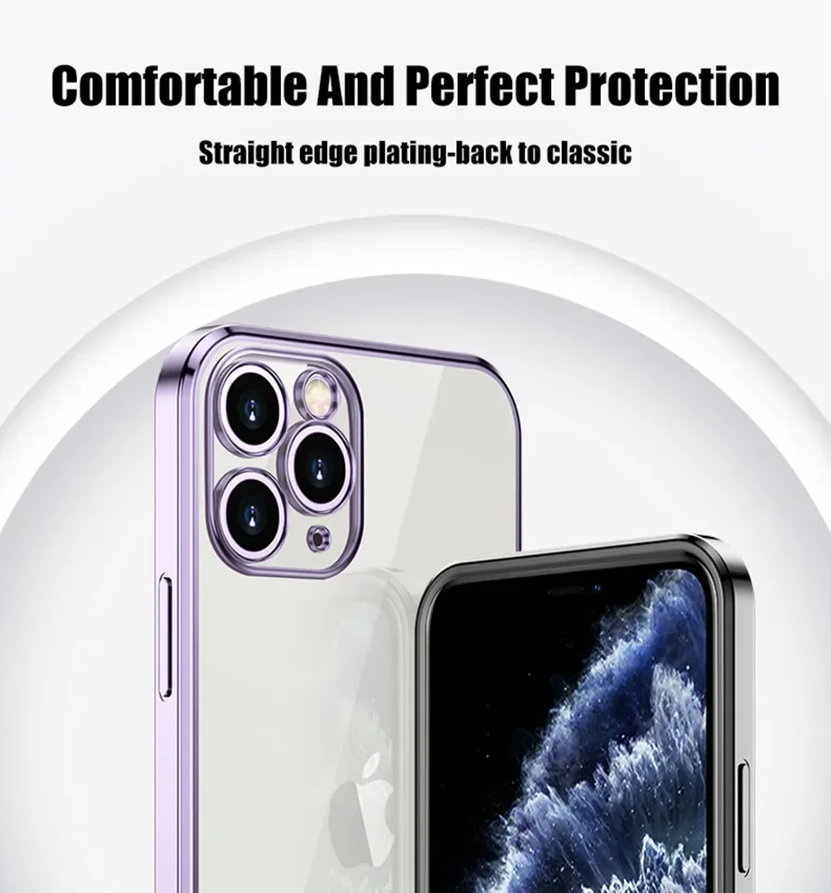 Luxury Plating Square Frame Silicone Transparent Case on For iPhone 11 12 13 14 15 Pro Max X XR XS Max 7 Plus Clear Back Cover