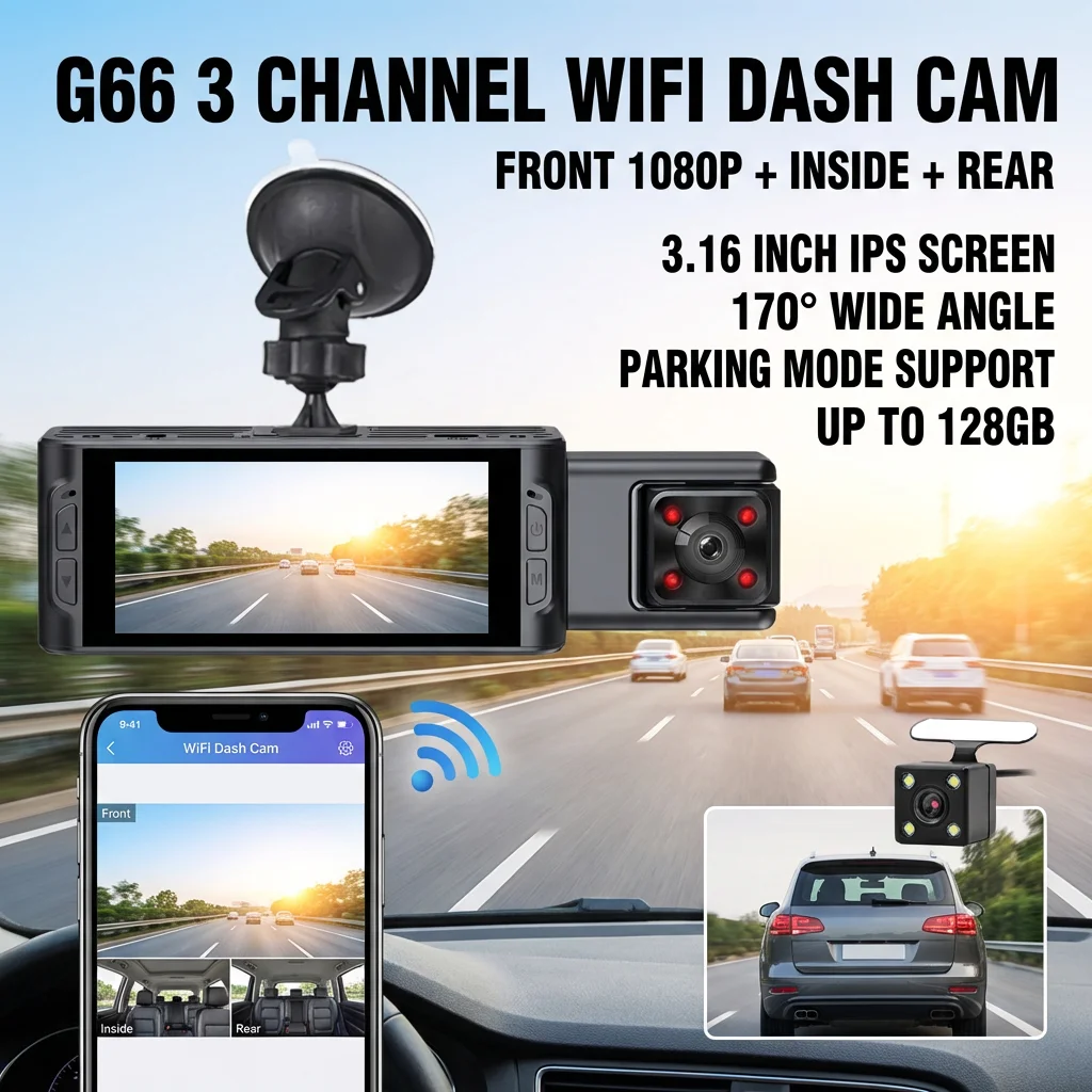 3チャンネルwifiドライブレコーダー-1080p前後室内カメラ-316インチ画面-170°広角-モーション検知-駐車モード搭載