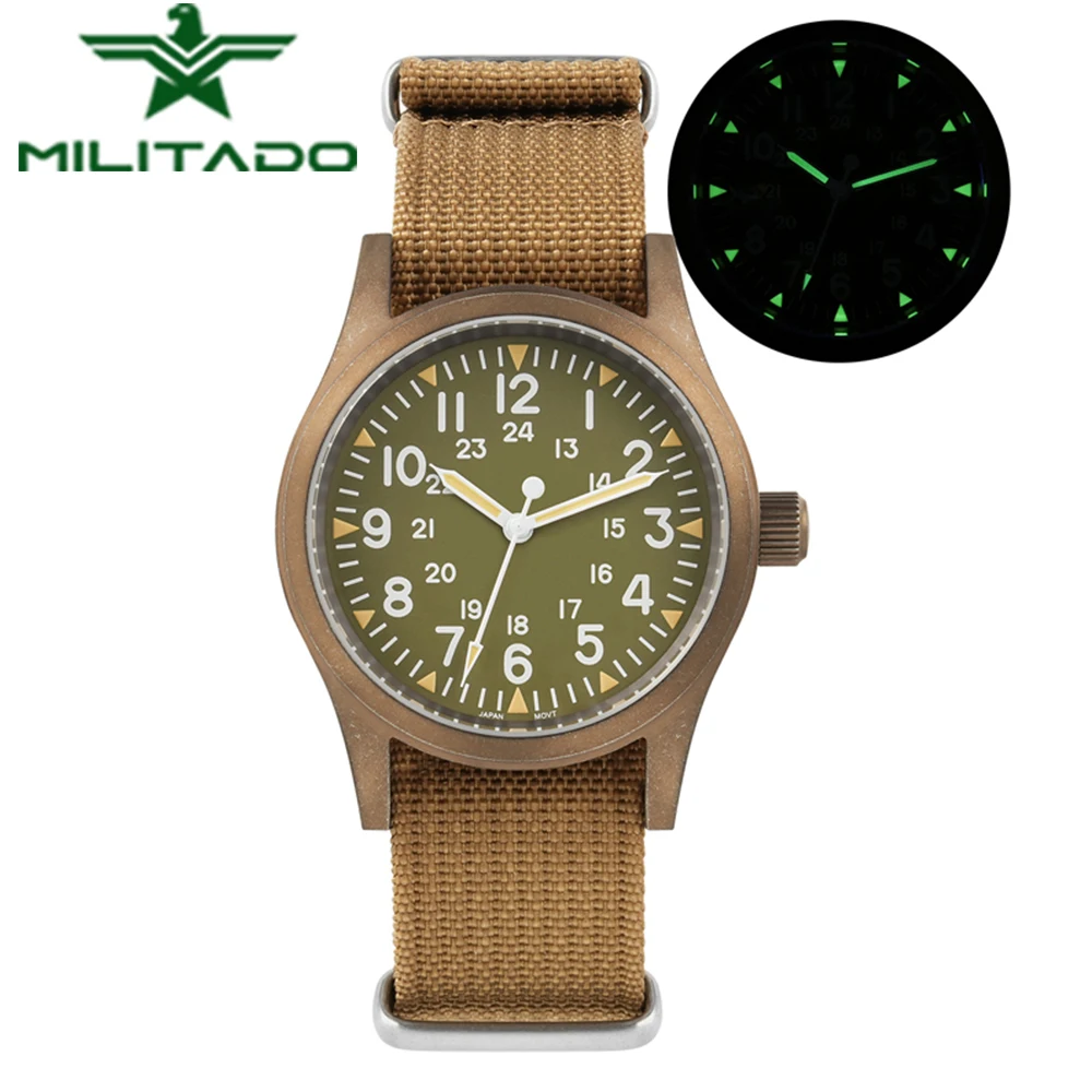 Militado ML05 Field Watch Vintage Bronze Aço inoxidável Safira Luminosa VH31 Movimento de quartzo Relógios 38 mm 