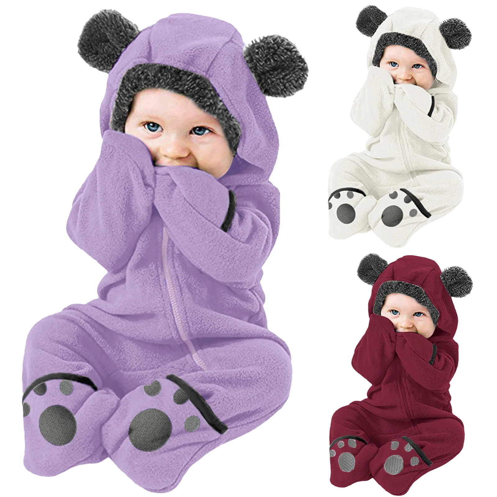 Cute Footies Newborn Clothes Baby Girl Boy Fuzzy Hooded Romper Winter Warm Baby Long Sleeve Bear Ears Zipper Jumpsuit 0-12 Month