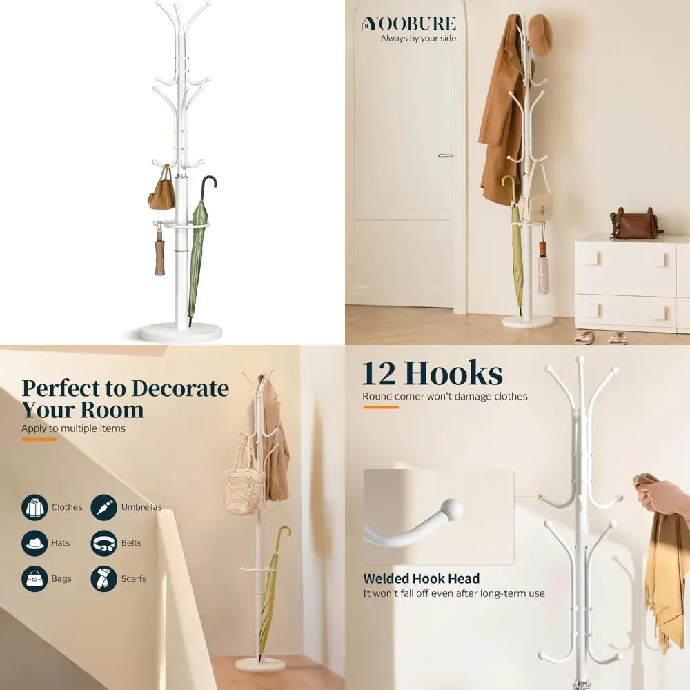 

Freestanding Metal Coat Rack with Marble Base, 12-Hook Tree and Umbrella Holder, Corner Coat Hanger Stand for Home and Entryway