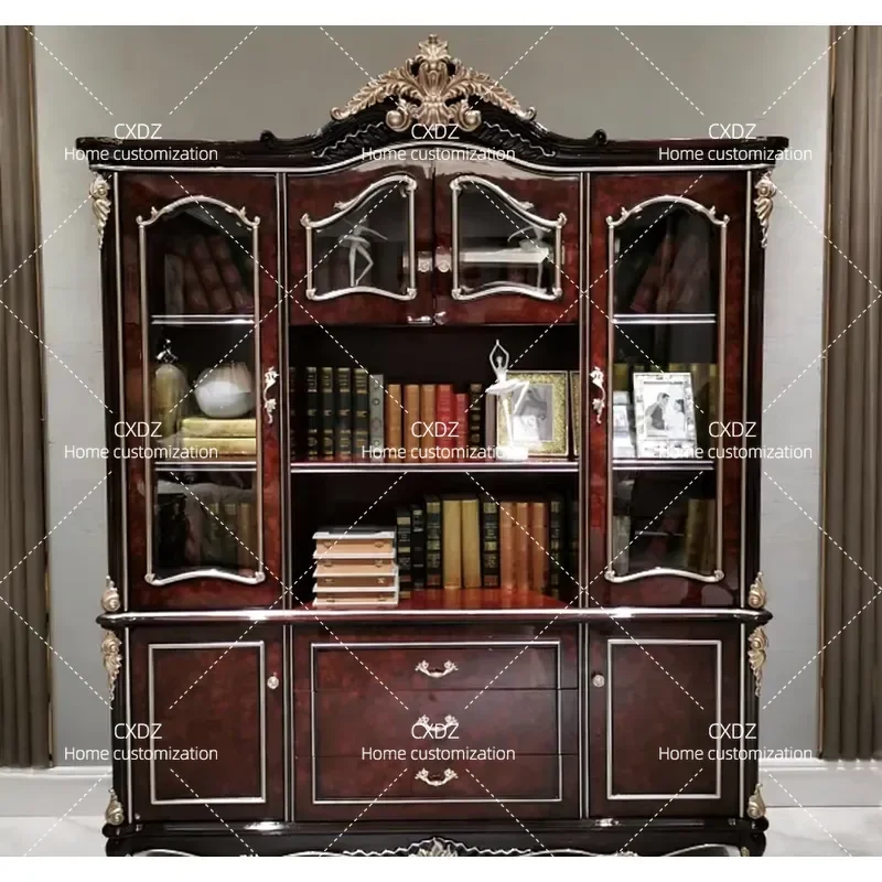 French Style Solid Wood Wine Cabinet with Carved Floral Details Four Door Glass Display Storage Unit for Villa Restaurant