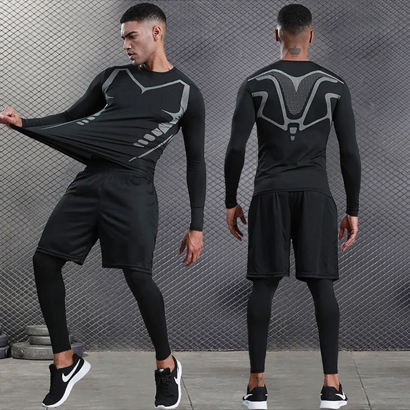 Mens Compression Sportswear Set Gym Running Sport Clothes Tight T-shirt Lycra Leggings Athletics Shorts Fitness Rash Guard Kits