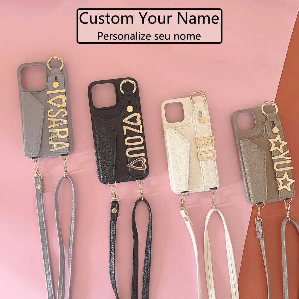 Luxury Custom Name Metal Letters Lanyard Leather Phone Case For iPhone 15 11 12 13 14Pro Max Phone Holder Personalized Cover