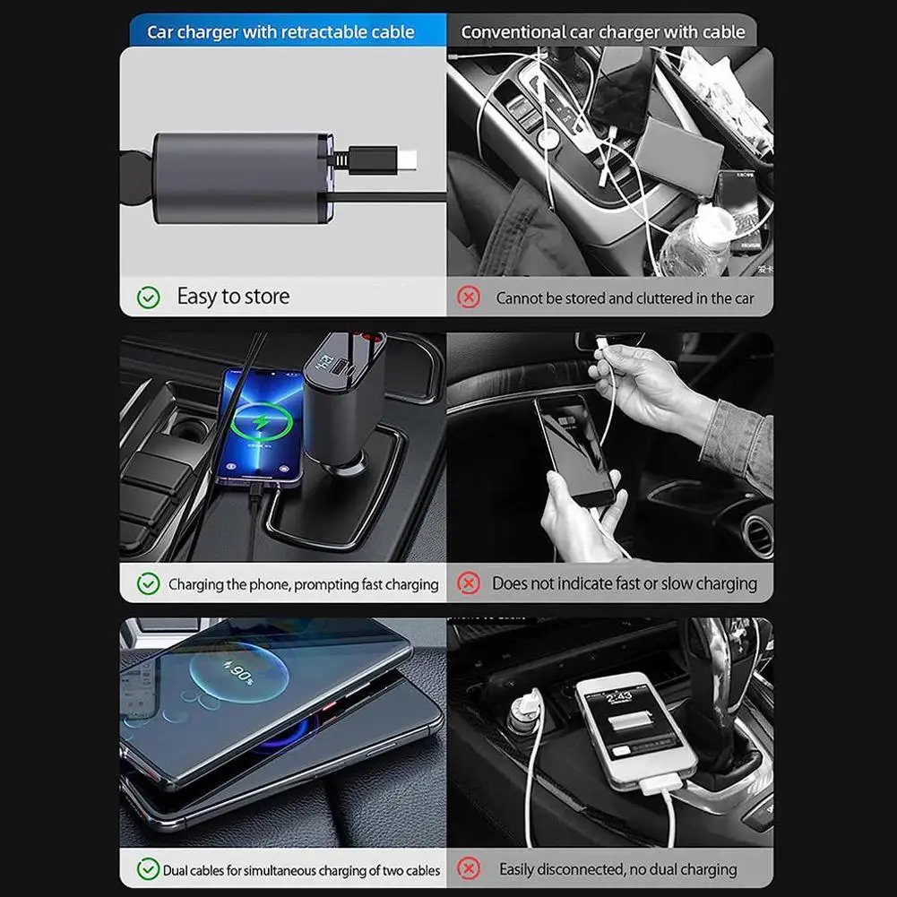 100W 4 IN 1 Retractable Car USB Type C Cable For Samsung iPhone Charge Cord Cigarette Lighter Adapter