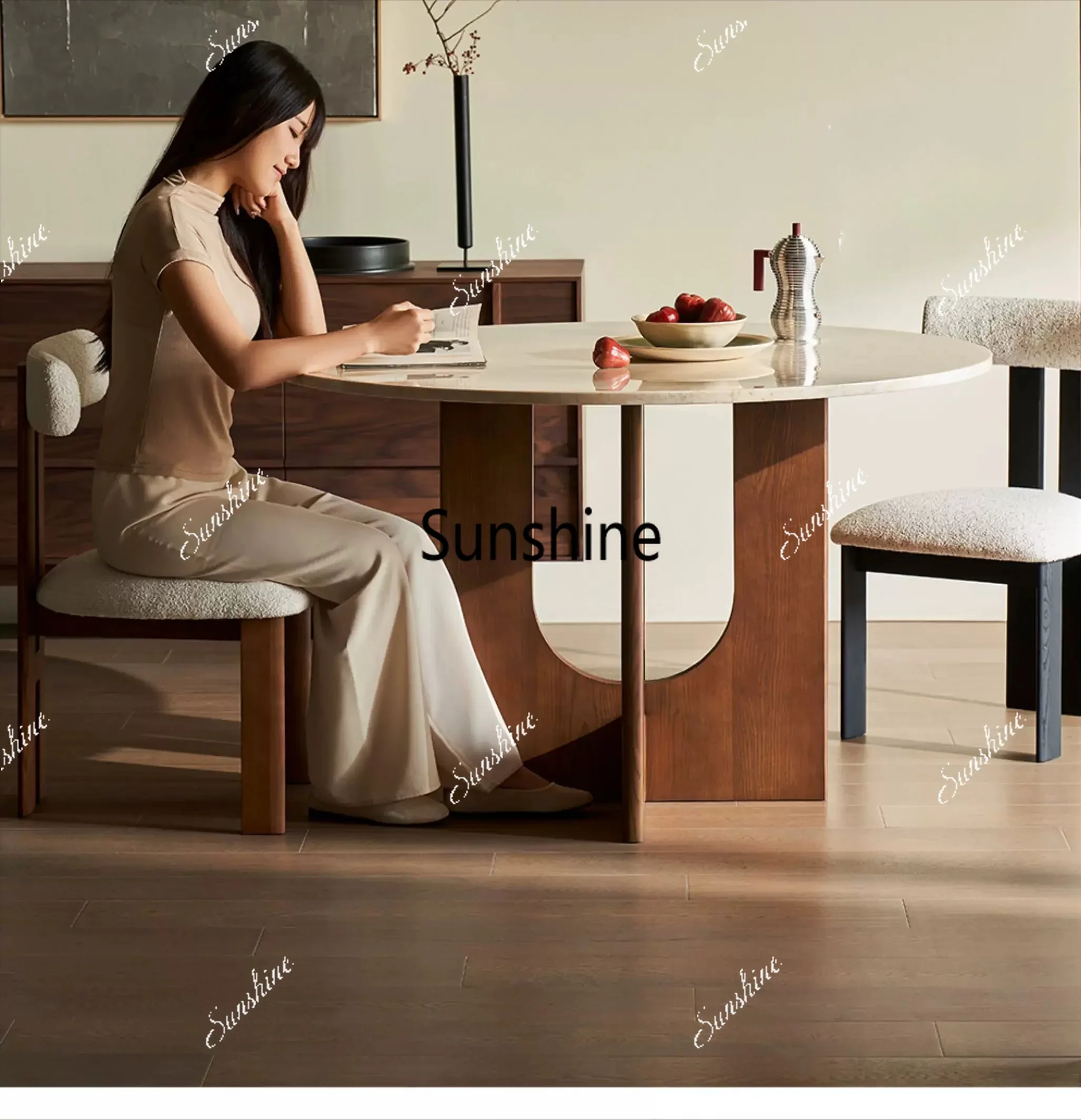 Natural marble antique dining table Solid wood household dining table