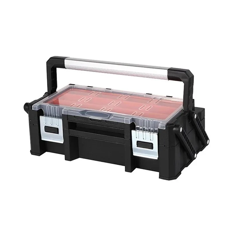 صندوق أدوات كبير متعدد الوظائف بطبقة مزدوجة، صندوق أدوات فرز أجزاء الصيانة، صندوق أدوات محمول محدد للكهرباء