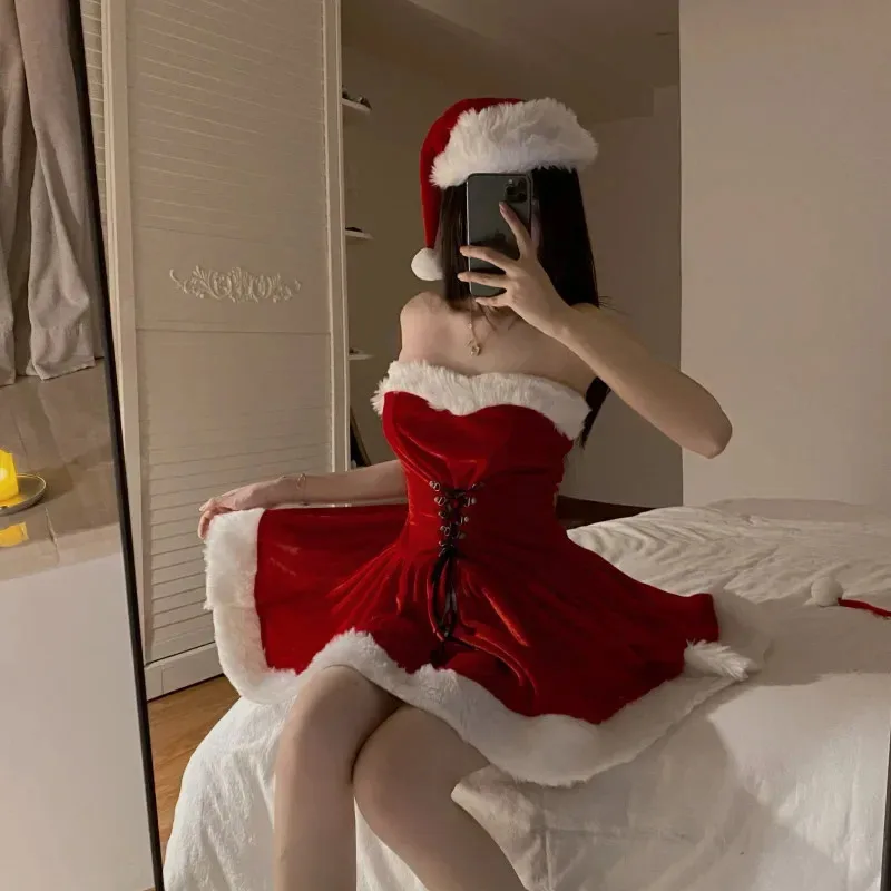 赤い新年ストラップレス包帯Aラインドレス女性セクシーなクリスマスナイトドレス帽子付きクリスマスサンタクロースロールプレイ下着衣装
