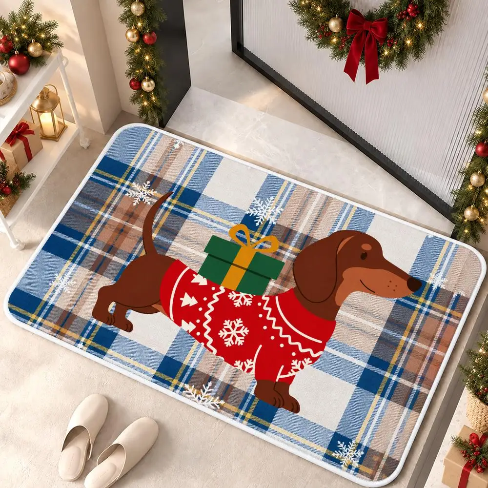 Christmas Sausage Dog Floor Mat Flannel Rug Soft Non Slip Door Mat for Bathroom Bedroom Kitchen Festival Home Decor