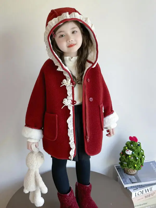 

Бархатное пальто для девочек, зима 2025 года, новое шерстяное пальто в корейском стиле, теплая и стильная зимняя одежда, детское хлопковое пальто, новогоднее красное