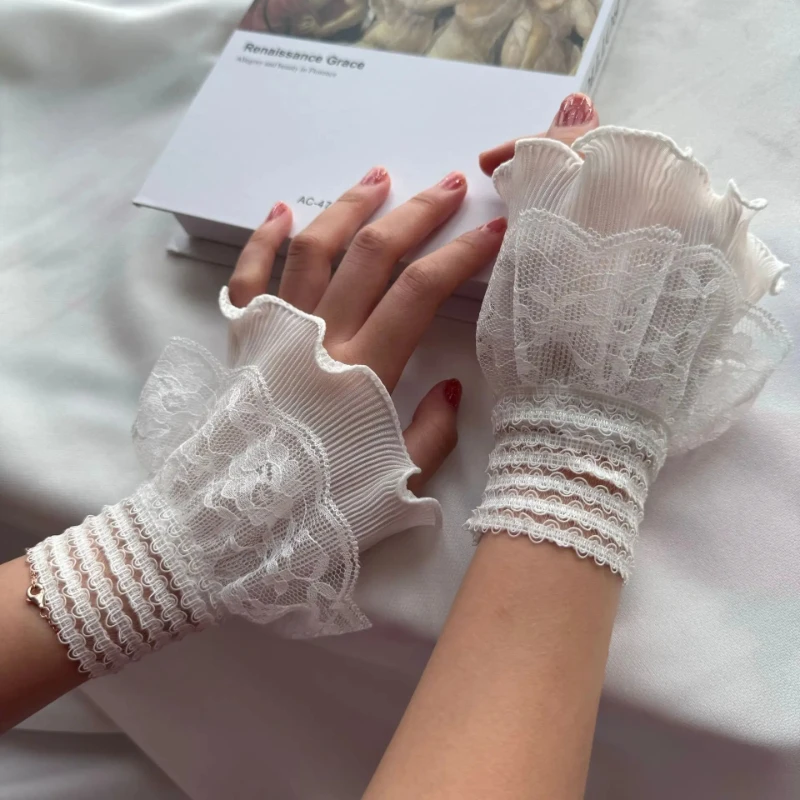 Lace Embroidery False Cuffs Detachable Wrist Cuffs Elegant Horn Design for Shirt Sweater Simple Wristband Fashion Accessory