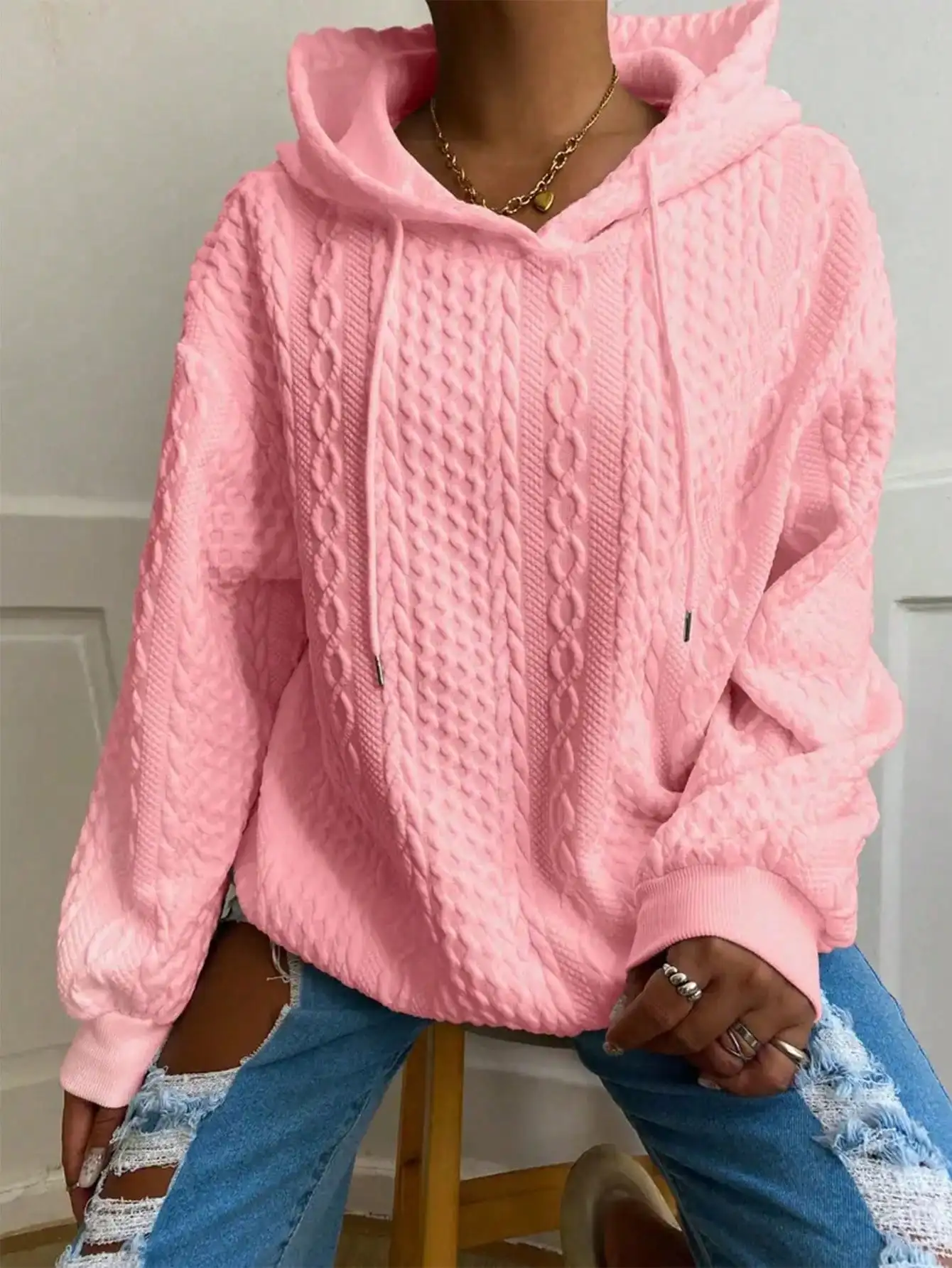 

Pink Cable Knit Hooded Sweatshirt for Women - Loose Fit, Long Sleeve