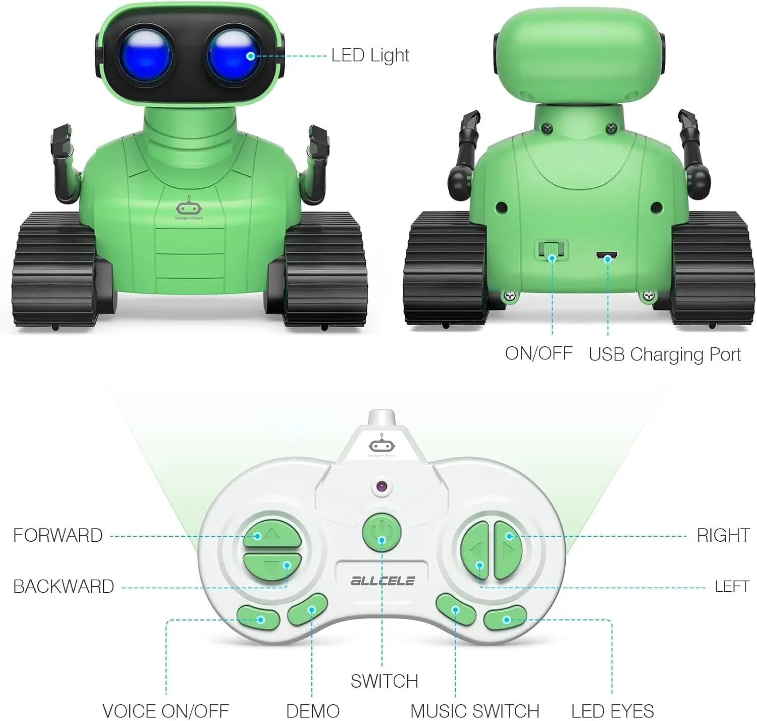 ALLCELE-Jouets robots télécommandés, jouet robot RC, yeux LED, cadeau pour enfants de 3 ans et plus, vert, garçons et filles