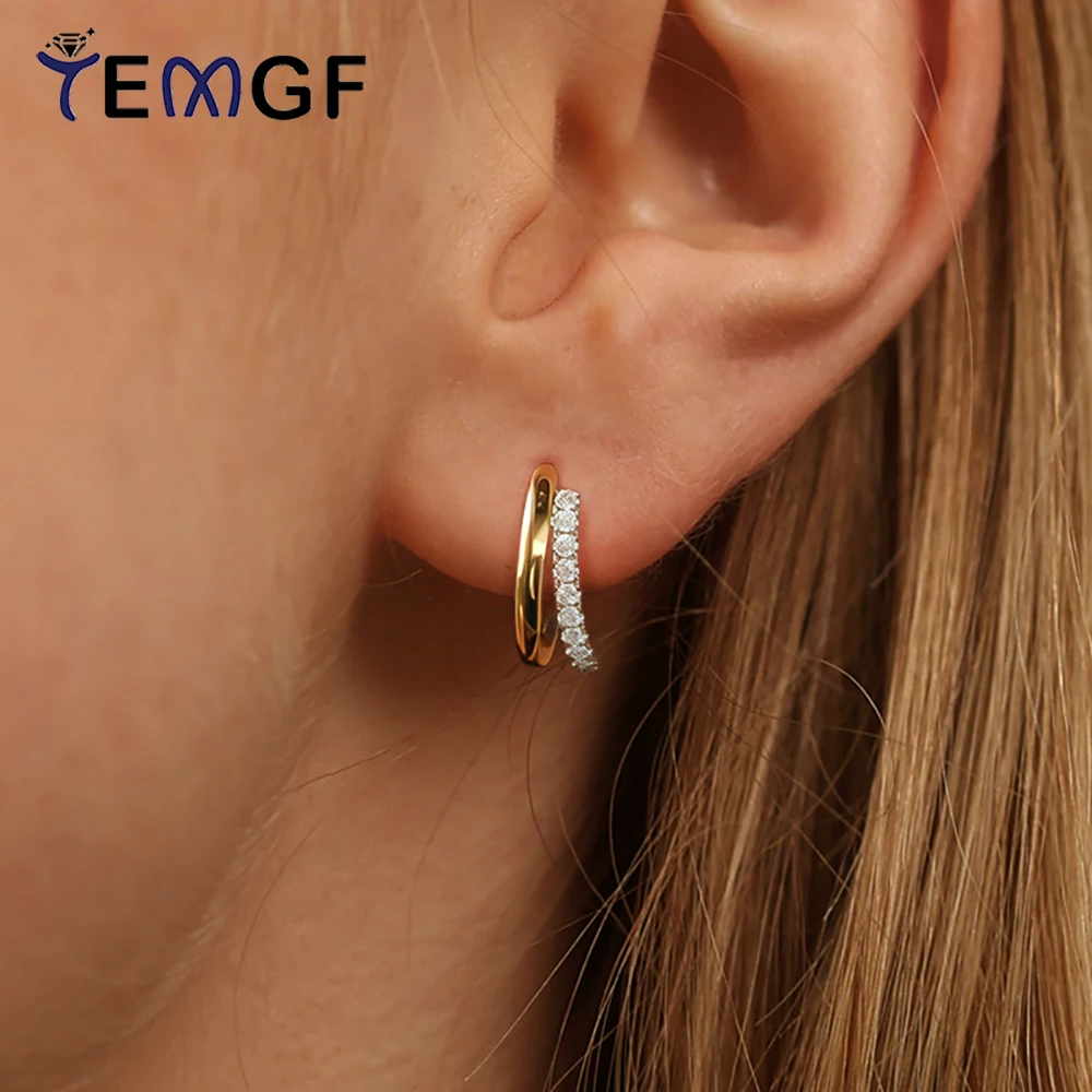 

TEMGF Full 1.2mm Moissanite Earrings Classic Two Hoop Ear Studs for Women Sparkling Jewelry 925 Sterling Silver Plated 18K Gold