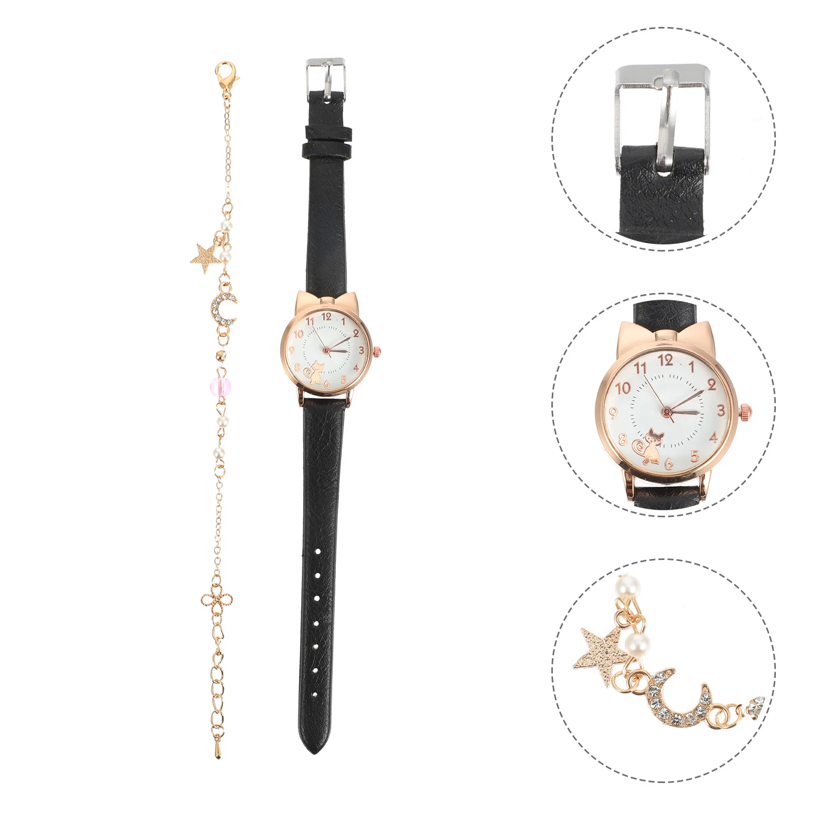 

1Set Cat Quartz Watch and Bracelet Set Star Moon Design Fashion Women Wristwatch Birthday Christmas Watch Set Bracelet for Women