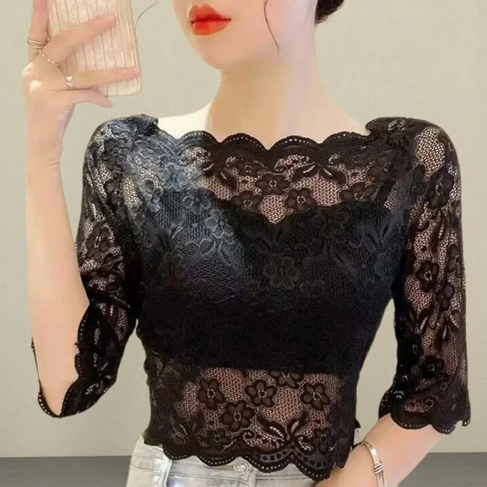 Summer Floral Lace Blouse Black White Long Sleeve Top Sexy Female T-Shirt Transparent Cropped Tops Tee Tops Slim Ladies T-Shirts