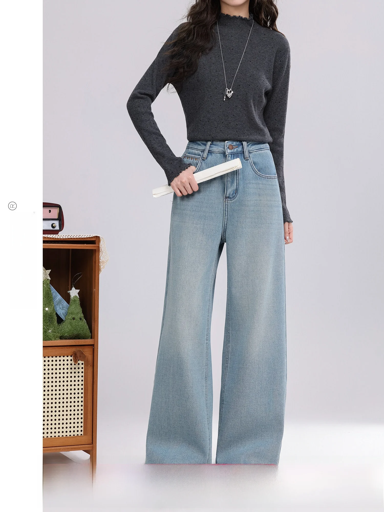

Retro Blue Fleece-Lined Wide Leg Jeans Women's Versatile Winter New Style High Waist Denim Pants Comfortable Casual Trousers
