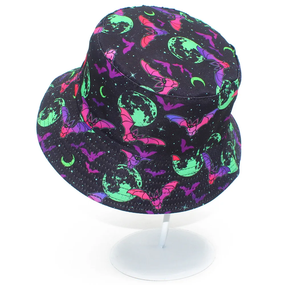 Halloween Neon Bat Moon Print Bucket Hat Unisex Fisherman Cap Spooky Festival Party Cosplay Decorate Panama Hat for Women Men
