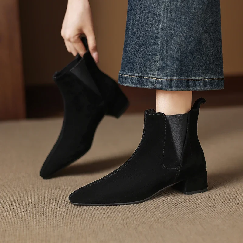 Bottines Chelsea en cuir naturel pour femme, grande taille 22-26cm, daim de vache, bout pointu, talon épais, à la mode, automne hiver 2026