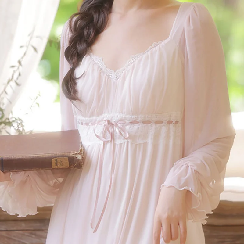 Sleeping Dress with Chest Cushion Mesh Sexy Collarbone Women's Spring Autumn Long Sleeve Lace Vintage Princess Home Outfit