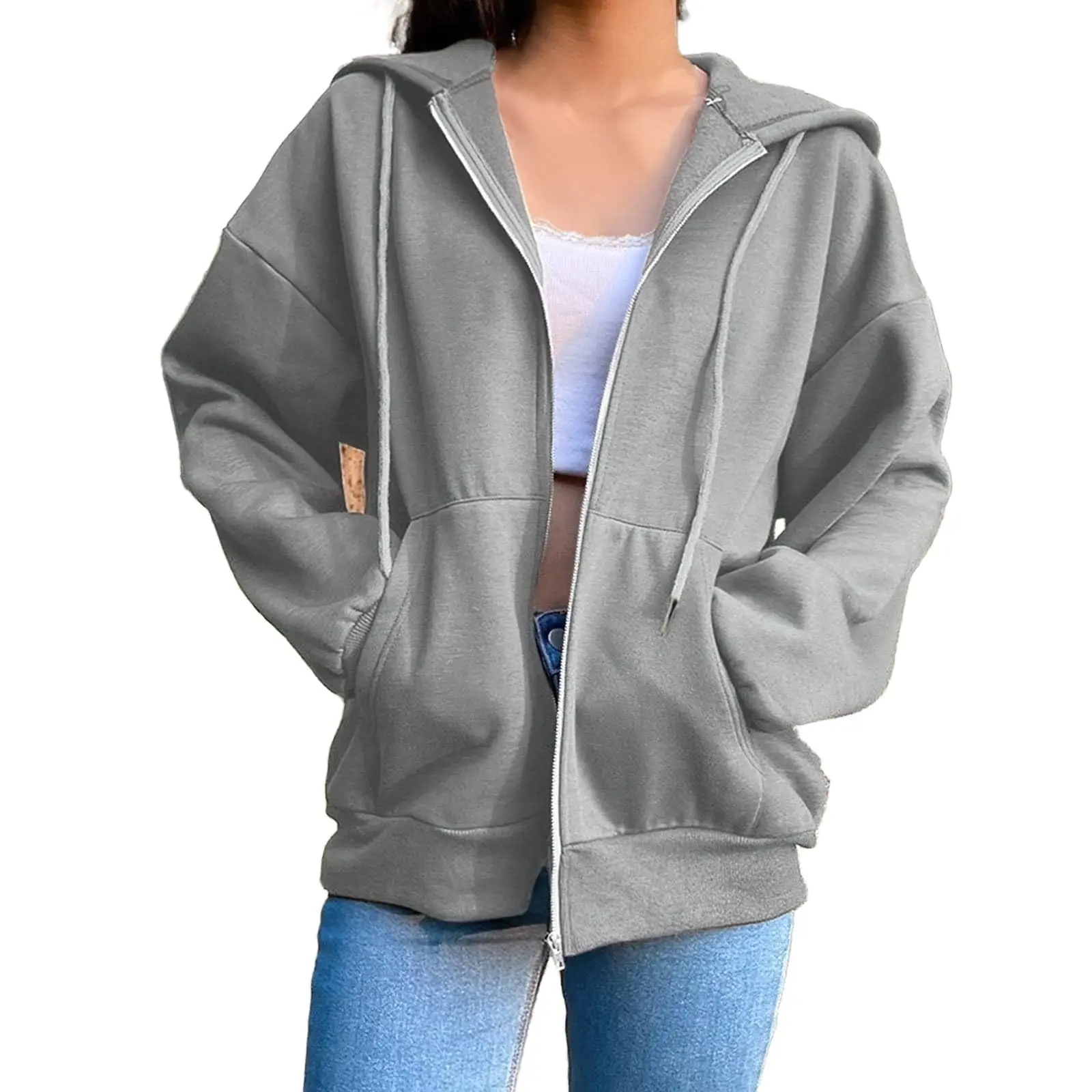 DZ-DZ Women Y2K Full Zip Up Hoodie Casual Long Sleeve Drawstring Drop Shoulder Solid Hooded Sweatshirt Jacket with Pockets