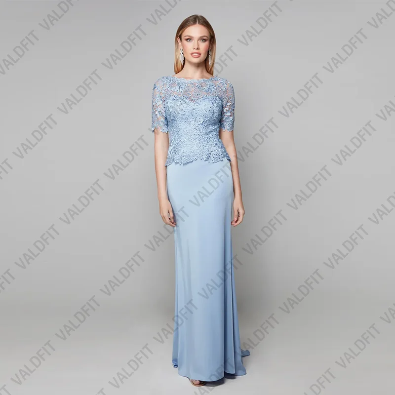 

Customized Long Mermaid Light Blue Mother of the Bride Dresses with Sleeves for Wedding Party Dress Robes Invitee Mariage