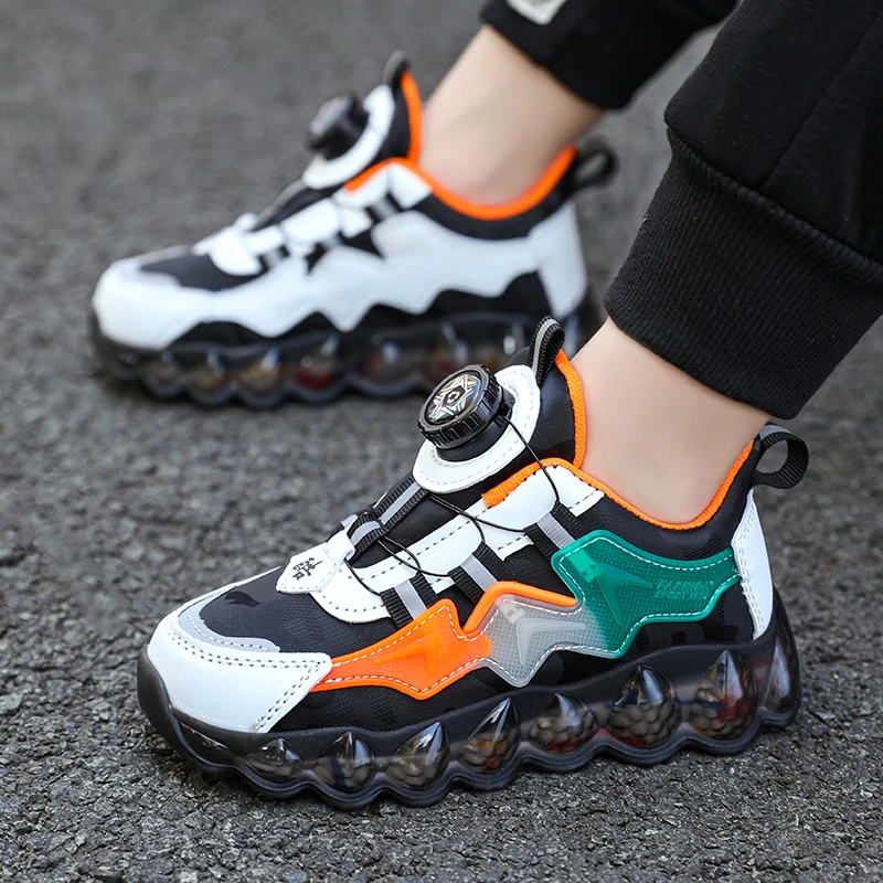 4-12 Years Boys Girls Leather Sneakers Rotating Buckle Sport Shoes Casual Running Shoes Teens Students Size 26-40