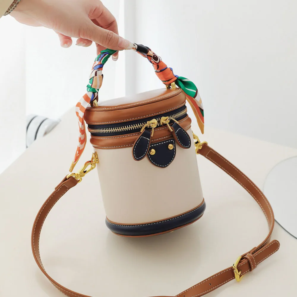 Women Bucket Bag With Elegant Scarves New 2024 Fashion Cross-body Niche Cylinder Bag One-shoulder Portable Cosmetic Bag