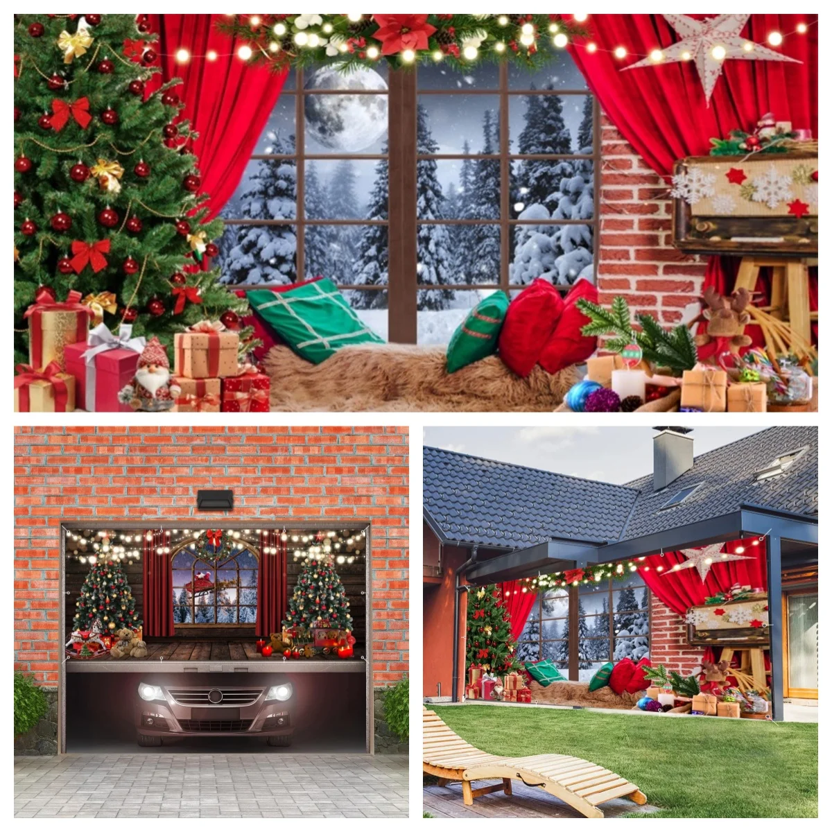 

2025 Рождественская дверь гаража, фон, красная занавеска, зимняя рождественская елка, гаражная настенная рама с крючками для наружного домашнего декора двора