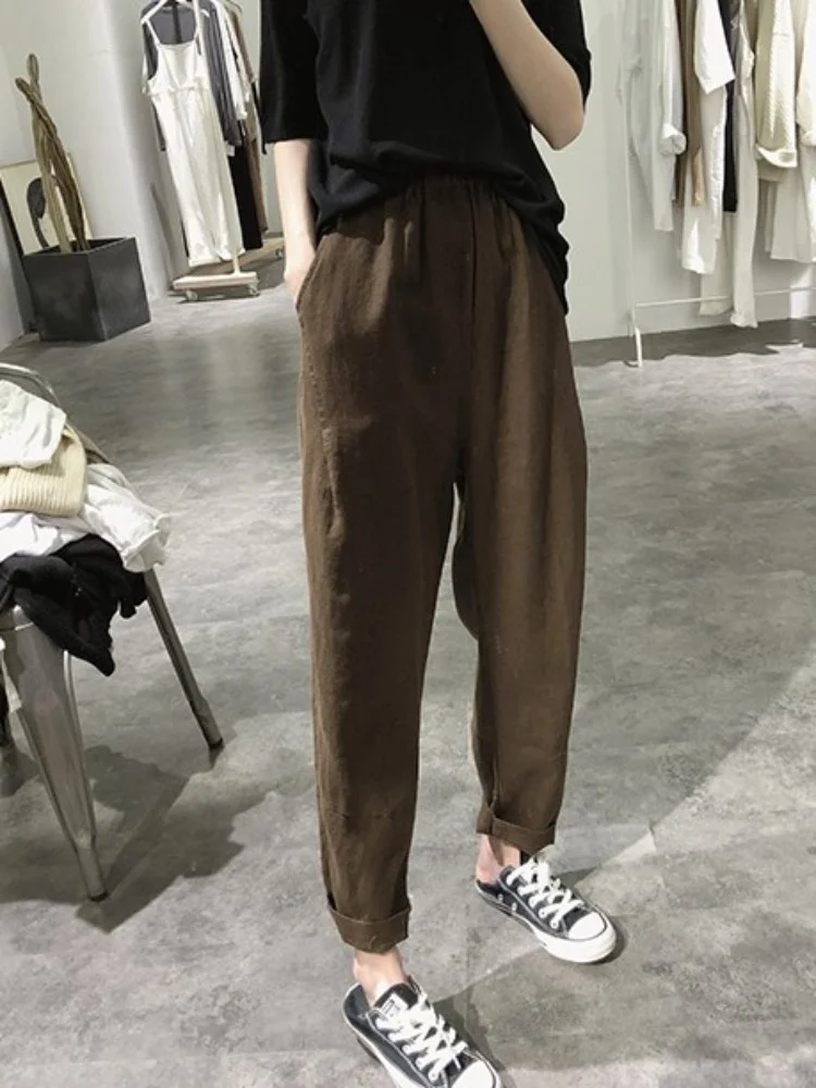 

Harajuku Women Linen Pants Summer High Elastic Waist Loose Fit Casual Ankle Length Trousers Vintage Harem Female Size 4XL