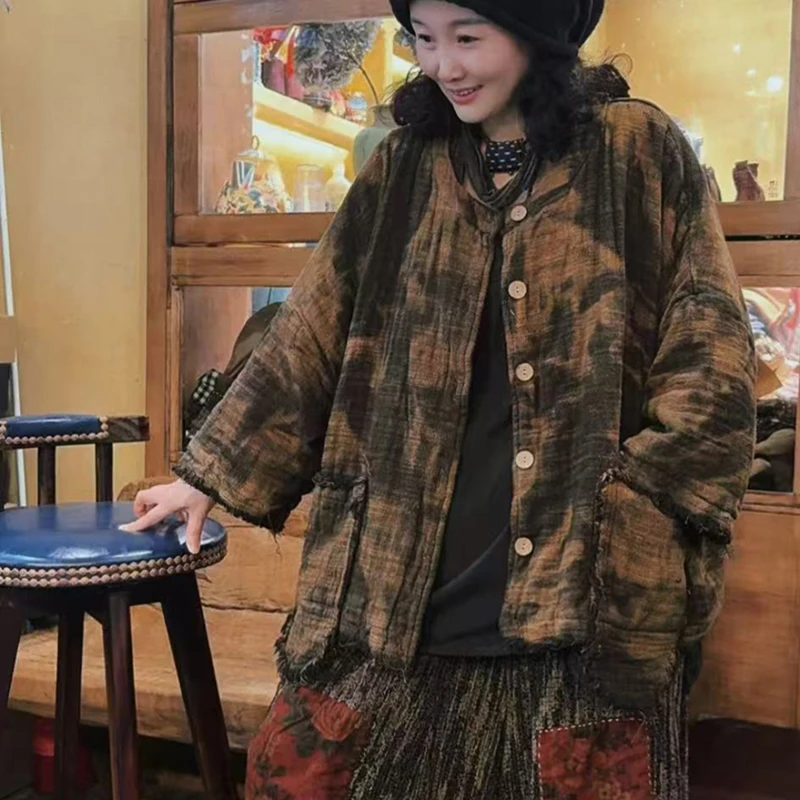 2025 New Autumn/winter Women Tie Dye Design Single Breasted Coat Wide-waisted Cotton Casual Warm Thickened Cotton Parkas Y199