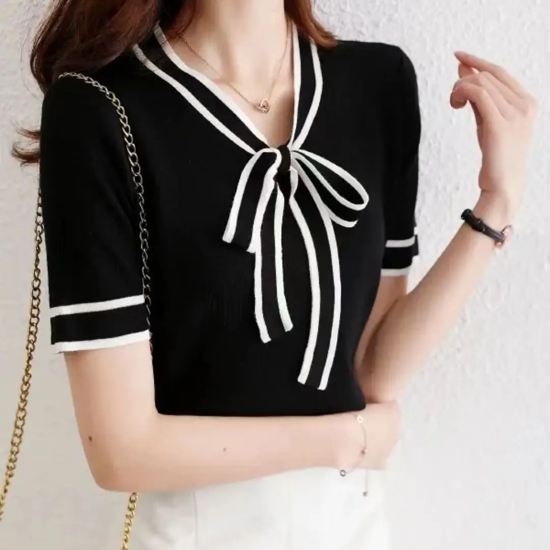 Fashion Bow Streamer Knitted Sweater Short-sleeved Temperament Versatile Top