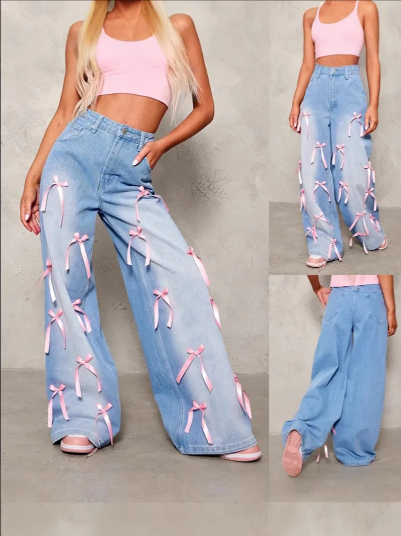 

VEITCHE Summer Women Sweet Bow Blue Jeans Wide Leg Denim Pants Washed Jeans with Pockets Baggy Denims Casual Loose Trousers