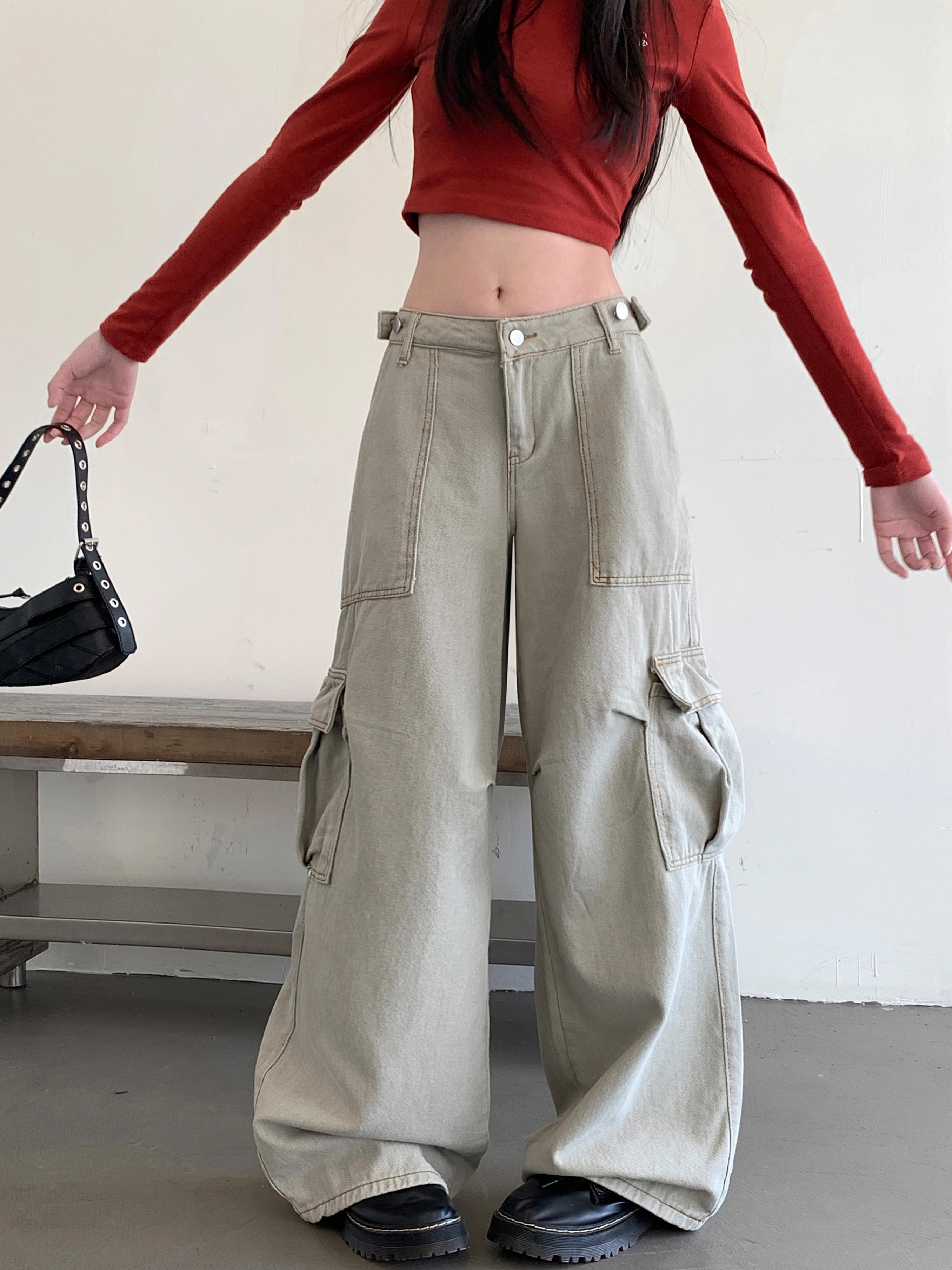 Women's Khaki Jeans Y2K Korean Version Harajuku Aesthetic 90s High Waist Loose Wide Leg Old-fashioned Jeans Pants Clothing 2025