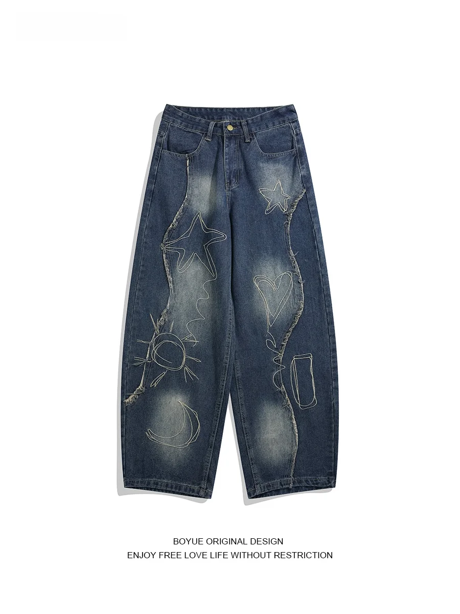 

Джинсы Boyue в американском ретро-стиле, свободные широкие брюки с вышивкой для мужчин и женщин, повседневные хлопковые брюки с высокой талией