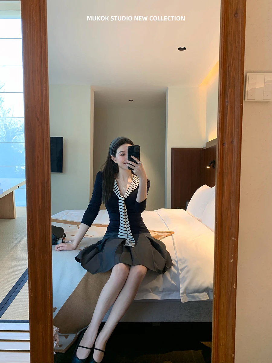 

MUKOK Vintage Navy Collar Knitwear Spring Season Color Blo Striped Sa Slimming Long Sve Women's T-irt