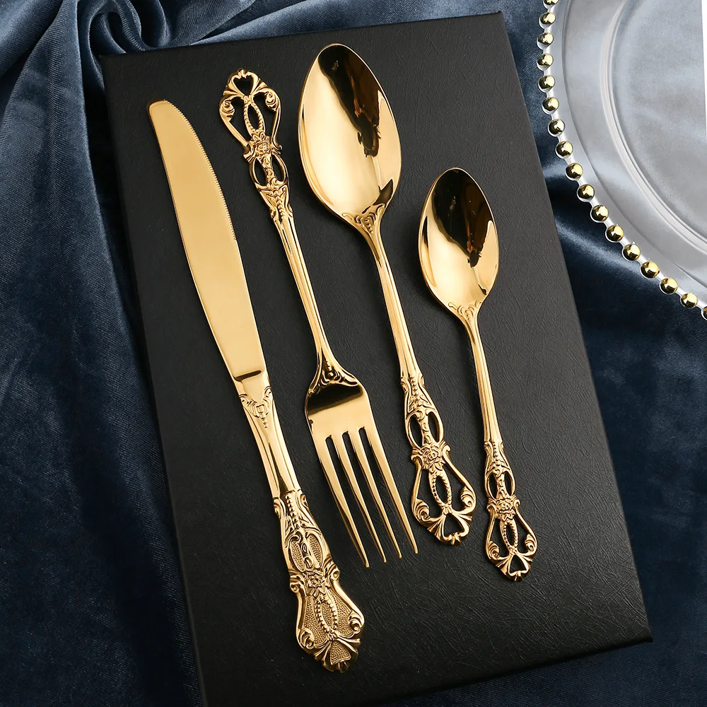 24pcs KuBac Luxury Golden Stainless Steel Steak Knife Fork Set Gold Cutlery Set With Luxury Wood Gift Box 16Pcs Drop Shipping