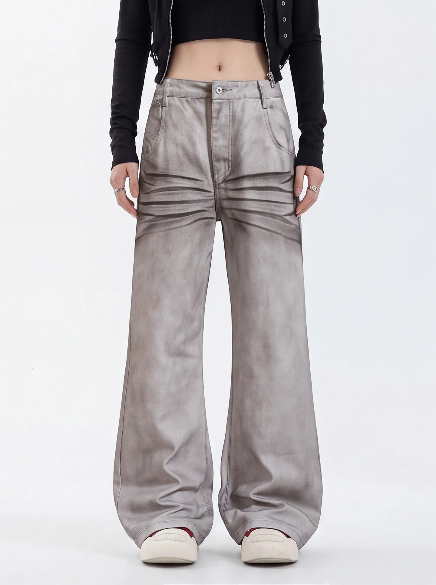Gray Slim Fit Straight Leg Denim Jeans Women's Retro Washed American Style Casual Cotton Pants Comfortable Breathable